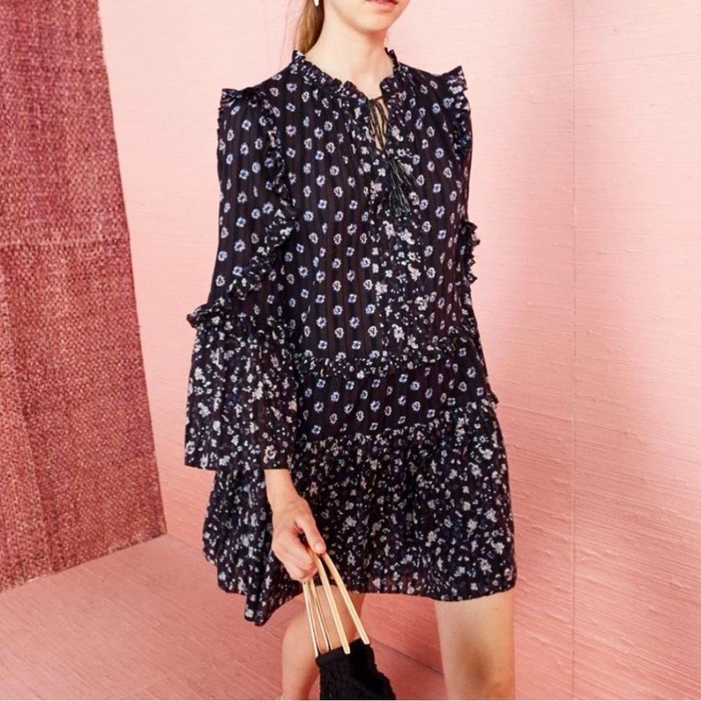 Ulla Johnson Black Floral Long Sleeve Ruffle Mini Dress